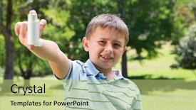  Presentation with inhaler - Theme with childhood asthma - little boy showing his inhaler background and a mint green colored foreground