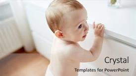  Presentation with emotions - PPT theme consisting of childhood babyhood emotions and people concept - close up of happy little baby boy or girl at home background and a soft green colored foreground