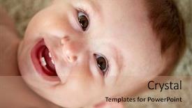  Presentation with baby girl - Slide deck with childhood babyhood emotions and people concept - close up of happy little baby boy or girl face background and a coral colored foreground