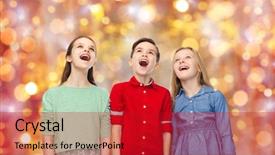  Presentation with party lights - PPT layouts featuring childhood charistmas holidays party and people concept - happy amazed boy and girls looking up with open mouths over lights background background and a crimson colored foreground