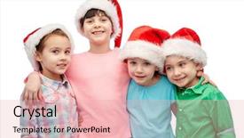  Presentation with happy holidays - Theme having childhood christmas holidays friendship and people concept - group of happy smiling little children in santa hats hugging background and a lemonade colored foreground