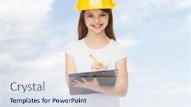  Presentation with architecture construction - Presentation design having childhood construction architecture building and people concept - smiling little girl in protective helmet with clipboard making notes background and a sky blue colored foreground