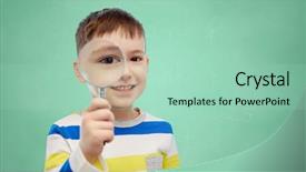  Presentation with school board - Colorful slide deck enhanced with childhood discovery school education and people concept - happy little boy looking through magnifying glass over green school chalk board background backdrop and a mint green colored foreground