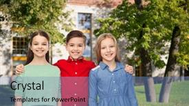  Presentation with children education - Slides having childhood education friendship and people concept - happy smiling children hugging over summer campus background background and a teal colored foreground