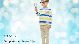  Presentation with investigation - Beautiful PPT theme featuring childhood education investigation discovery and people concept - happy little boy in eyeglasses with magnifying glass over blue holidays lights background backdrop and a sky blue colored foreground