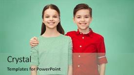  Presentation with friendship school - Beautiful theme featuring childhood education school friendship and people concept - happy smiling boy and girl hugging over green chalk board background backdrop and a mint green colored foreground