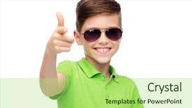 Presentation with green fashion - Amazing slides having childhood fashion accessory style and people concept - happy smiling boy in sunglasses and green polo t-shirt backdrop and a mint green colored foreground