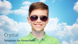 Presentation with green fashion - Presentation design featuring childhood fashion accessory style and people concept - happy smiling boy in sunglasses and green polo t-shirt over blue sky and clouds background background and a sky blue colored foreground