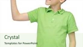  Presentation with green fashion - Audience pleasing slides consisting of childhood fashion and people concept - happy smiling boy in green polo t-shirt pointing finger up backdrop and a mint green colored foreground