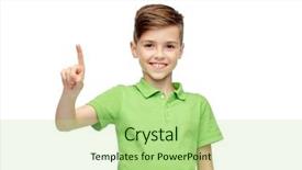  Presentation with green fashion - PPT layouts consisting of childhood fashion and people concept - happy smiling boy in green polo t-shirt pointing finger up background and a mint green colored foreground