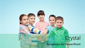  Presentation with children hands - Amazing theme having childhood fashion friendship and people concept - happy little children with hands on top over blue background backdrop and a seafoam green colored foreground