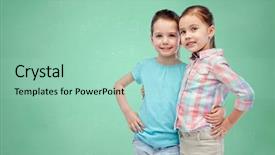  Presentation with friendship school - Theme with childhood fashion friendship and people concept - happy smiling little girls hugging over green school chalk board background background and a mint green colored foreground