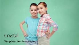  Presentation with friendship school - Theme having childhood fashion friendship and people concept - happy smiling little girls hugging over green school chalk board background background and a mint green colored foreground