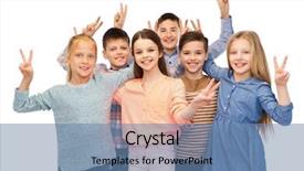 Presentation with friendship - Slides featuring childhood fashion friendship and people concept - happy smiling children showing peace hand sign background and a teal colored foreground