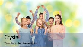  Presentation with green fashion - Slide deck featuring childhood fashion gesture and people concept - happy children friends raising fists and celebrating victory over green lights background background and a teal colored foreground