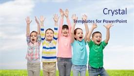  Presentation with childhood - PPT theme with childhood fashion gesture and people concept - happy smiling friends raising fists and celebrating victory over blue sky and grass background background and a sky blue colored foreground