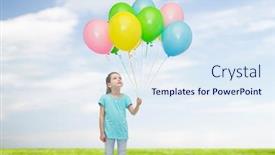  Presentation with helium - Amazing slide deck having childhood fashion imagination and people concept - happy little girl looking up and holding bunch of colorful helium balloons on strand over blue sky and grass background backdrop and a sky blue colored foreground