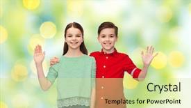  Presentation with green lights - PPT layouts enhanced with childhood friendship gesture and people concept - happy smiling boy and girl hugging and waving hand over green summer holidays lights background background and a soft green colored foreground
