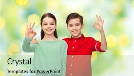  Presentation with green lights - Audience pleasing slides consisting of childhood friendship summer holidays gesture and people concept - happy smiling boy and girl hugging and showing ok hand sign over green lights background backdrop and a mint green colored foreground