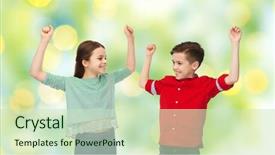  Presentation with green lights - Beautiful slide deck featuring childhood friendship summer holidays gesture and people concept - happy smiling boy and girl raising fists and celebrating victory over green lights background backdrop and a soft green colored foreground