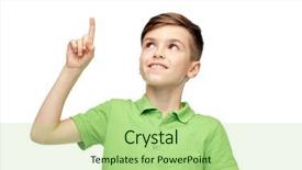  Presentation with inspiration - Slide set having childhood idea inspiration and people concept - happy smiling boy in green polo t-shirt pointing finger up background and a mint green colored foreground