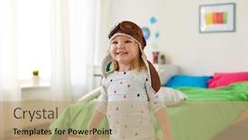  Presentation with imagination - Beautiful presentation featuring childhood imagination and dream concept - happy little girl in pilot hat playing game at home backdrop and a coral colored foreground