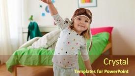  Presentation with imagination - Cool new presentation theme with childhood imagination and dream concept - happy little girl in pilot hat playing game at home backdrop and a tawny brown colored foreground