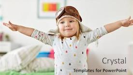  Presentation with imagination - Colorful PPT layouts enhanced with childhood imagination and dream concept - happy little girl in pilot hat playing game at home backdrop and a light gray colored foreground