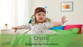  Presentation with imagination - Presentation theme featuring childhood imagination and dream concept - happy little girl in pilot hat playing game at home background and a seafoam green colored foreground