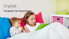  Presentation with family reading - Beautiful theme featuring childhood leisure and family concept - little girls or sisters reading book in bed backdrop and a light gray colored foreground