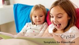  Presentation with family reading - Amazing presentation theme having childhood leisure and family concept - little girls or sisters reading book in bed backdrop and a coral colored foreground