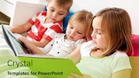  Presentation with kids reading book - Slide deck consisting of childhood leisure and family concept - little kids reading book in bed at home background and a yellow colored foreground