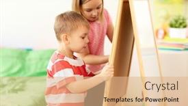  Presentation with chalk board - Audience pleasing PPT layouts consisting of childhood leisure and people concept - happy kids drawing on chalk board at home backdrop and a coral colored foreground