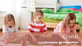  Presentation with childhood - Slide deck with childhood leisure and people concept - happy kids drawing and making crafts at home background and a coral colored foreground