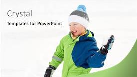  Presentation with snowball - Theme enhanced with childhood leisure and season concept - happy little boy throwing snowball in winter background and a white colored foreground