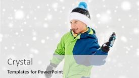  Presentation with snowball - Amazing theme having childhood leisure and season concept - happy little boy throwing snowball in winter backdrop and a white colored foreground