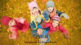  Presentation with children hands - Colorful slide deck enhanced with childhood leisure friendship and people concept - group of happy children waving hands in autumn park from top backdrop and a gold colored foreground