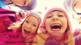  Presentation with faces - Presentation theme enhanced with childhood leisure friendship and people concept - group of happy children faces in circle background and a crimson colored foreground