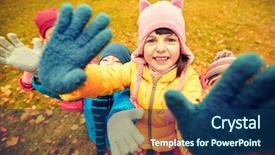  Presentation with children hands - Colorful PPT theme enhanced with childhood leisure friendship and people concept - group of happy children waving hands in autumn park backdrop and a ocean colored foreground