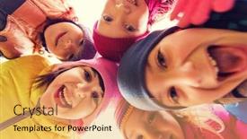  Presentation with childhood - PPT theme having childhood leisure friendship and people concept - group of happy children faces in circle background and a yellow colored foreground