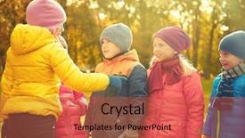  Presentation with happy kids - Colorful PPT layouts enhanced with childhood leisure friendship and people concept - group of happy kids in autumn park counting and choosing game leader backdrop and a red colored foreground