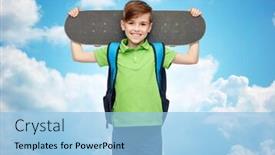  Presentation with middle school teens leisure activities - Cool new slide deck with childhood leisure school and people concept - happy smiling student boy with backpack and skateboard over blue sky and clouds background backdrop and a light blue colored foreground