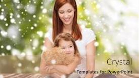  Presentation with parenting - PPT layouts enhanced with childhood parenting and people concept - happy mother with little girl and teddy bear toy over wooden floor and green plants background background and a coral colored foreground