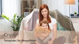 Presentation with parenting - Slide deck enhanced with childhood parenting and relationship concept - happy mother with adorable little girl and teddy bear over kids room and tepee background background and a coral colored foreground