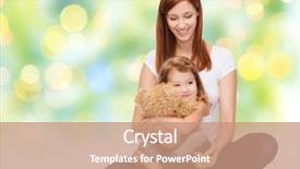  Presentation with parenting - Presentation enhanced with childhood parenting people and relationship concept - happy mother with little girl hugging teddy bear toy background and a coral colored foreground