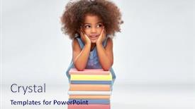  Presentation with childhood - Slide set enhanced with childhood school and education concept - happy smiling little african american girl with pile of books over grey background background and a sky blue colored foreground