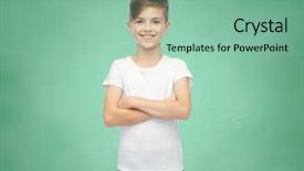  Presentation with school board - Colorful PPT theme enhanced with childhood school education advertisement and people concept - happy boy in white t-shirt and jeans over green chalk board background backdrop and a seafoam green colored foreground