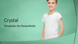  Presentation with school-board - Presentation theme enhanced with childhood school education advertisement and people concept - happy boy in white t-shirt and jeans over green chalk board background background and a mint green colored foreground