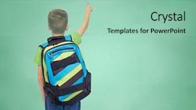  Presentation with school board - Beautiful slide set featuring childhood school education and people concept - happy smiling student boy with school bag over green school chalk board background backdrop and a mint green colored foreground
