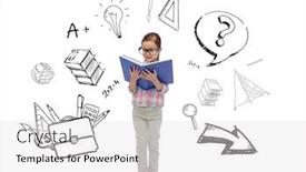  Presentation with doodles - PPT theme with childhood school education and people concept - happy little girl in eyeglasses reading book with doodles background and a light gray colored foreground